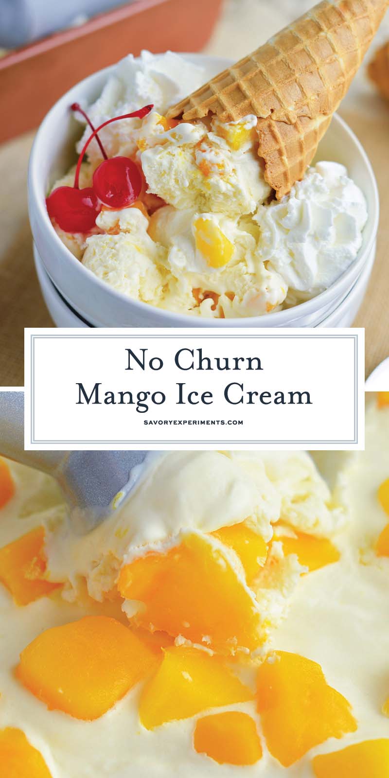 collage of mango ice cream recipe with text overlay for pinterest