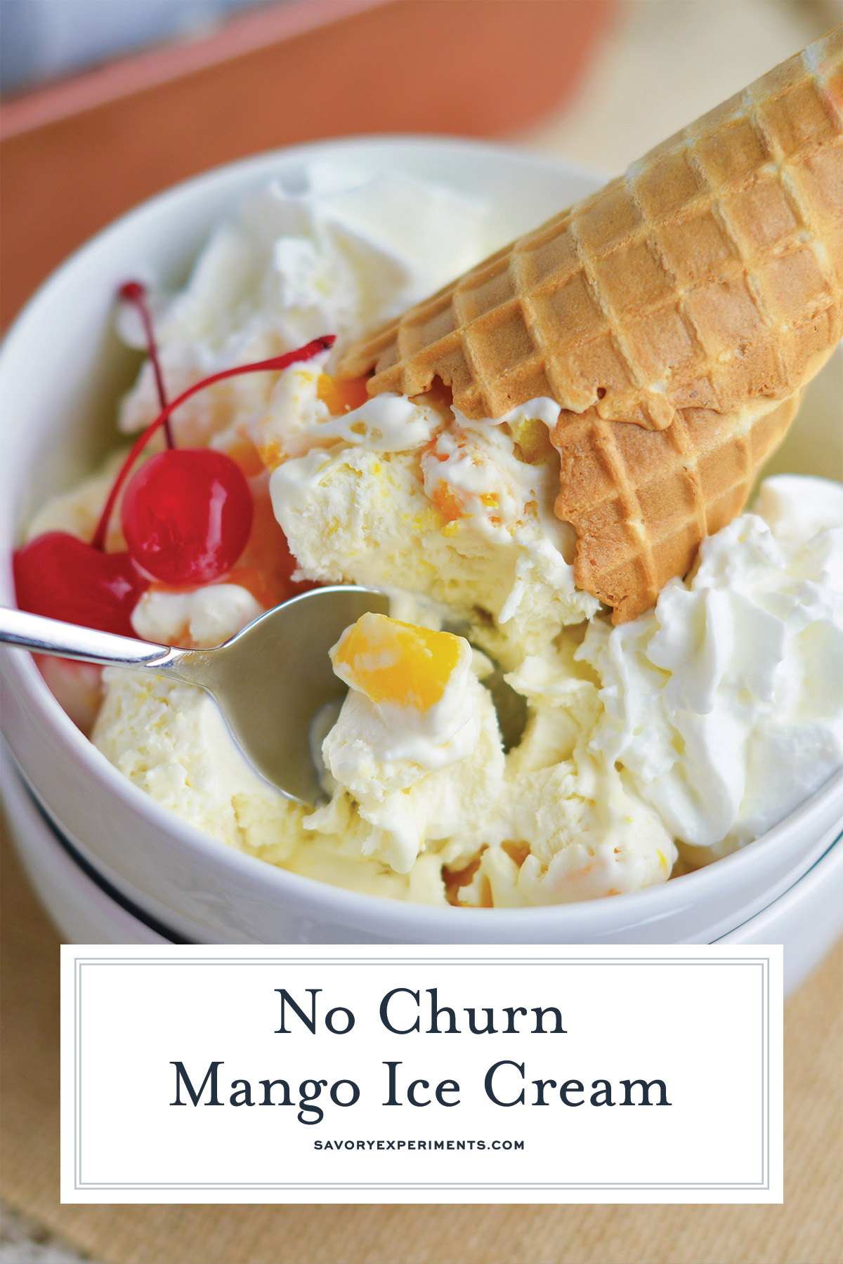 close up of bowl of ice cream with waffle cone and cherries