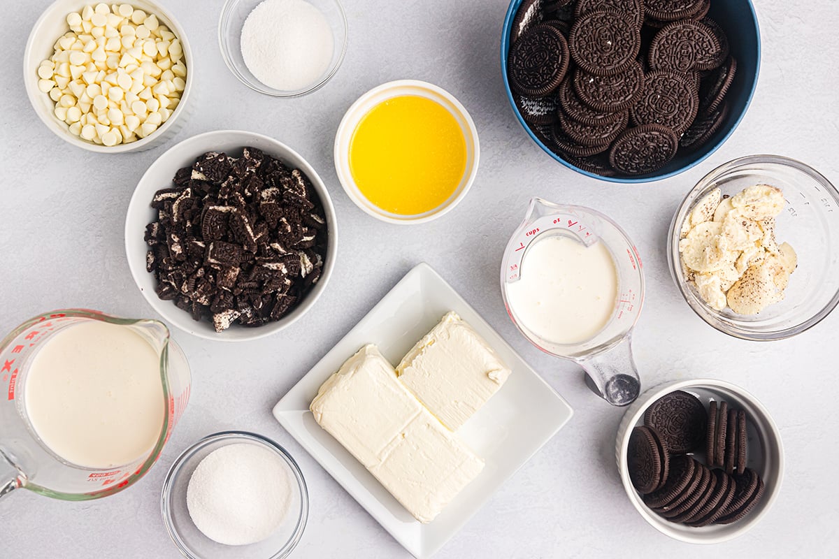 overhead shot of no bake oreo cheesecake recipe ingredients