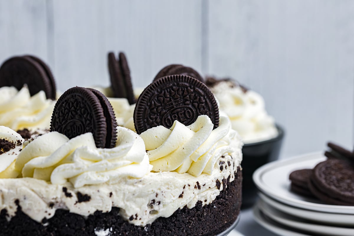 straight on shot of cheesecake with oreos 