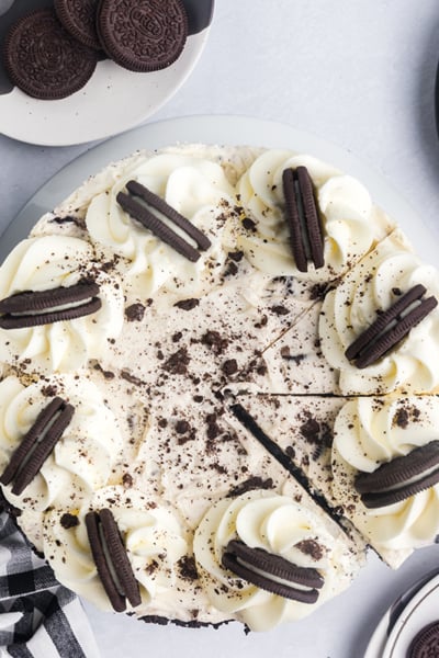 overhead shot of sliced oreo cheesecake