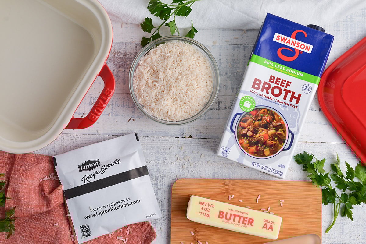overhead shot of stick of butter rice ingredients