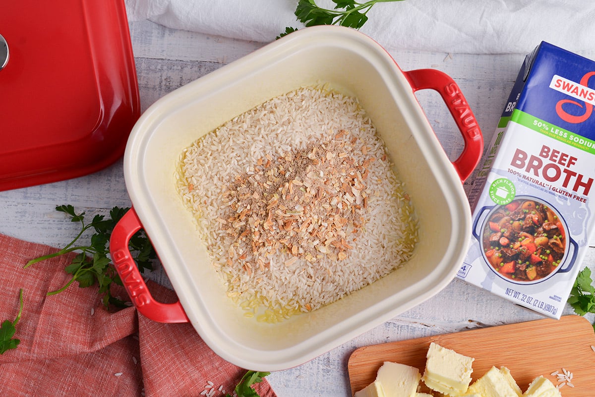 rice and soup mix in baking dish