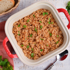 overhead shot of stick of butter rice recipe in dish