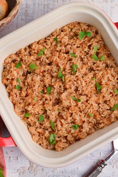 overhead shot of stick of butter rice recipe in dish