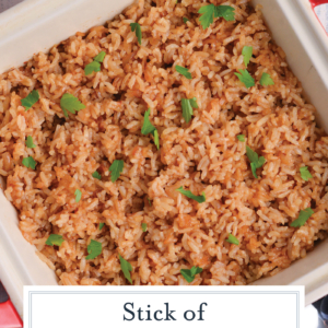 overhead shot of stick of butter rice with text overlay