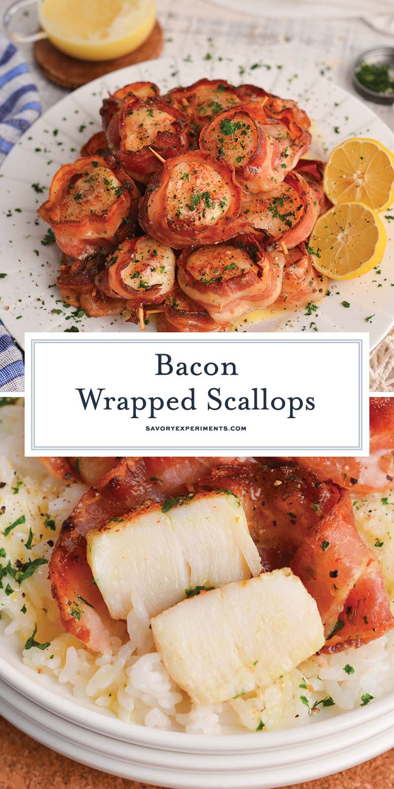 collage of bacon wrapped scallops