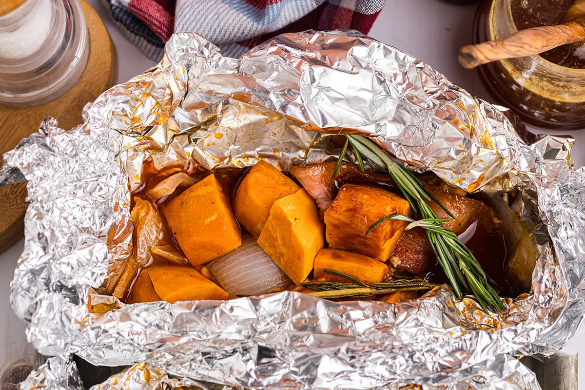 close up shot of camping chicken meal opening