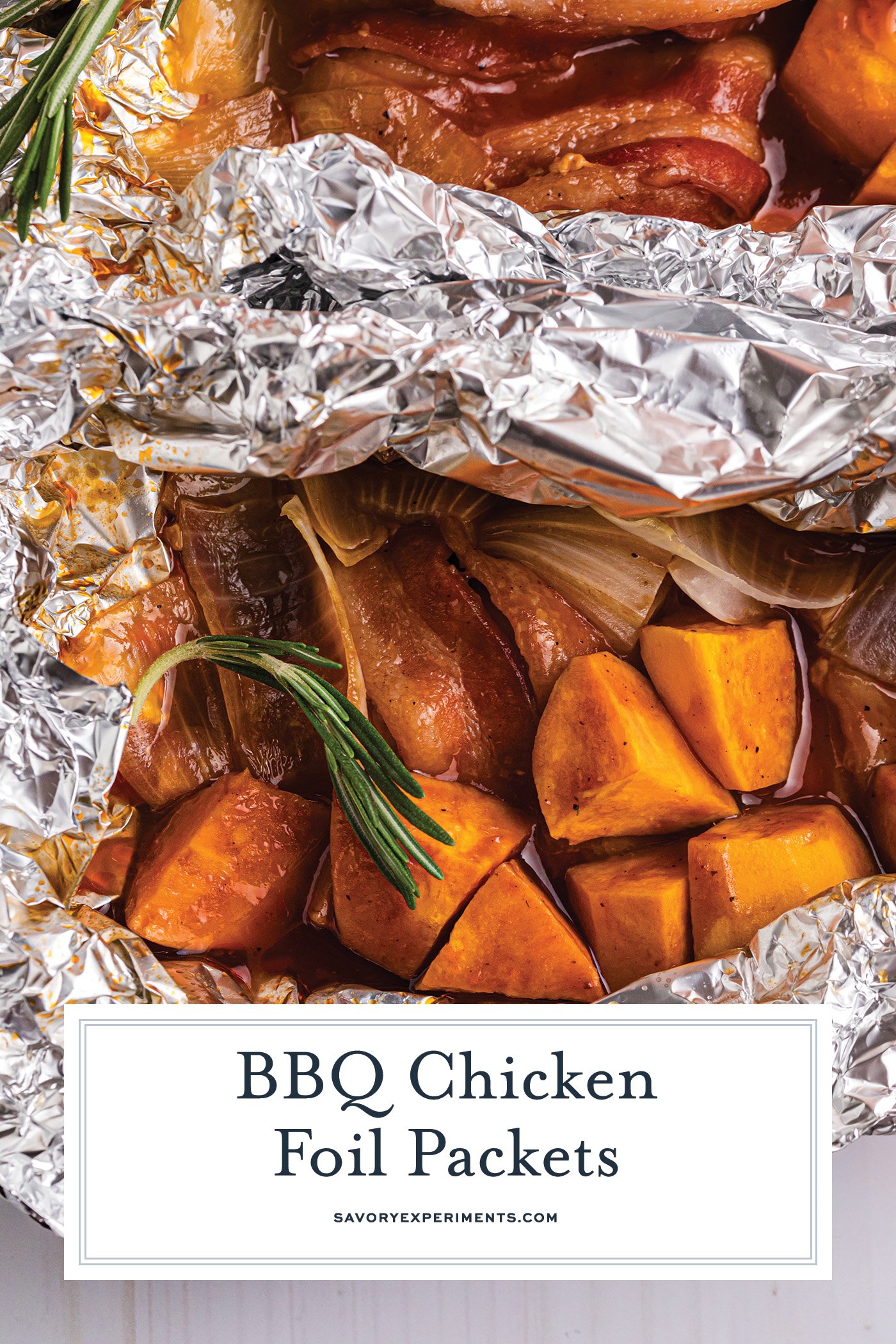 overhead shot of chicken in foil packets with text overlay