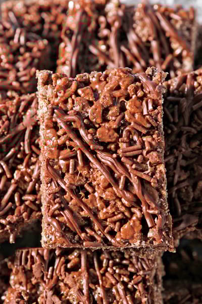 close up of a chocolate rice krispie bar