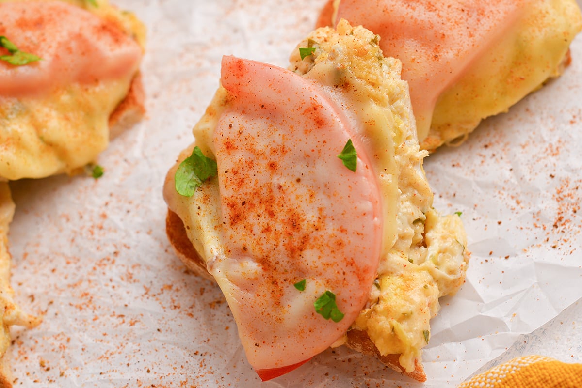 close up overhead shot of crab melt half