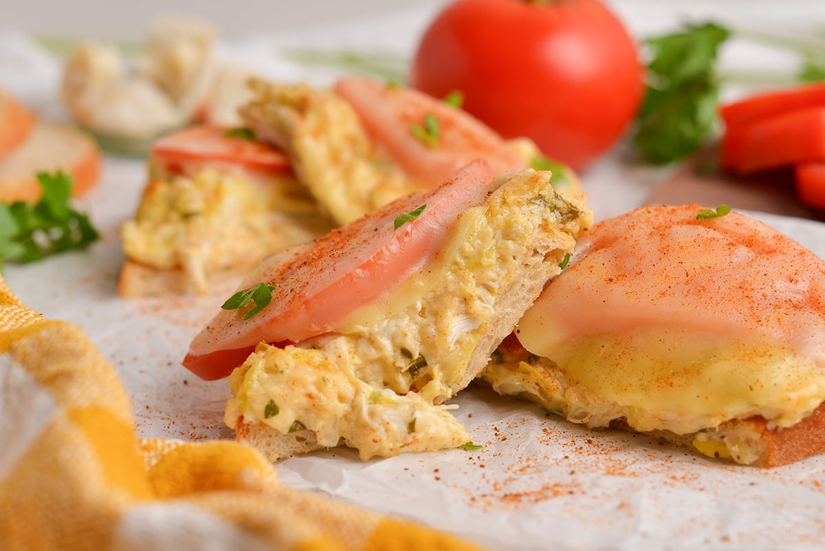straight on shot of crab melt sandwiches
