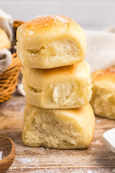 straight on shot of stack of three easy dinner rolls