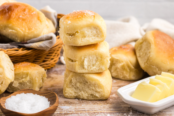 straight on shot of stack of three easy dinner rolls