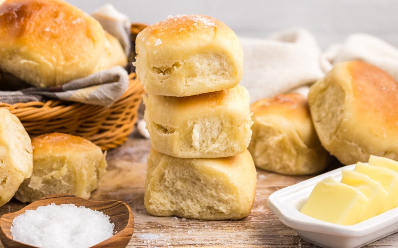 straight on shot of stack of three easy dinner rolls