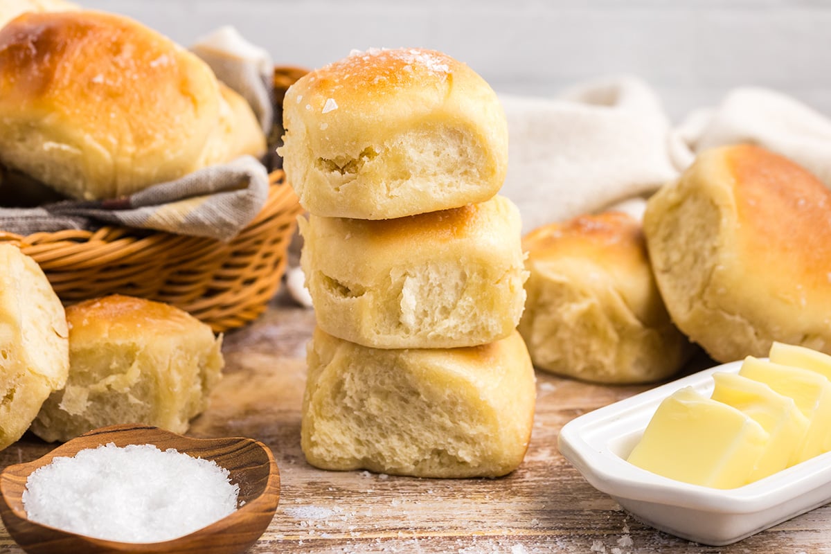 straight on shot of stack of three easy dinner rolls