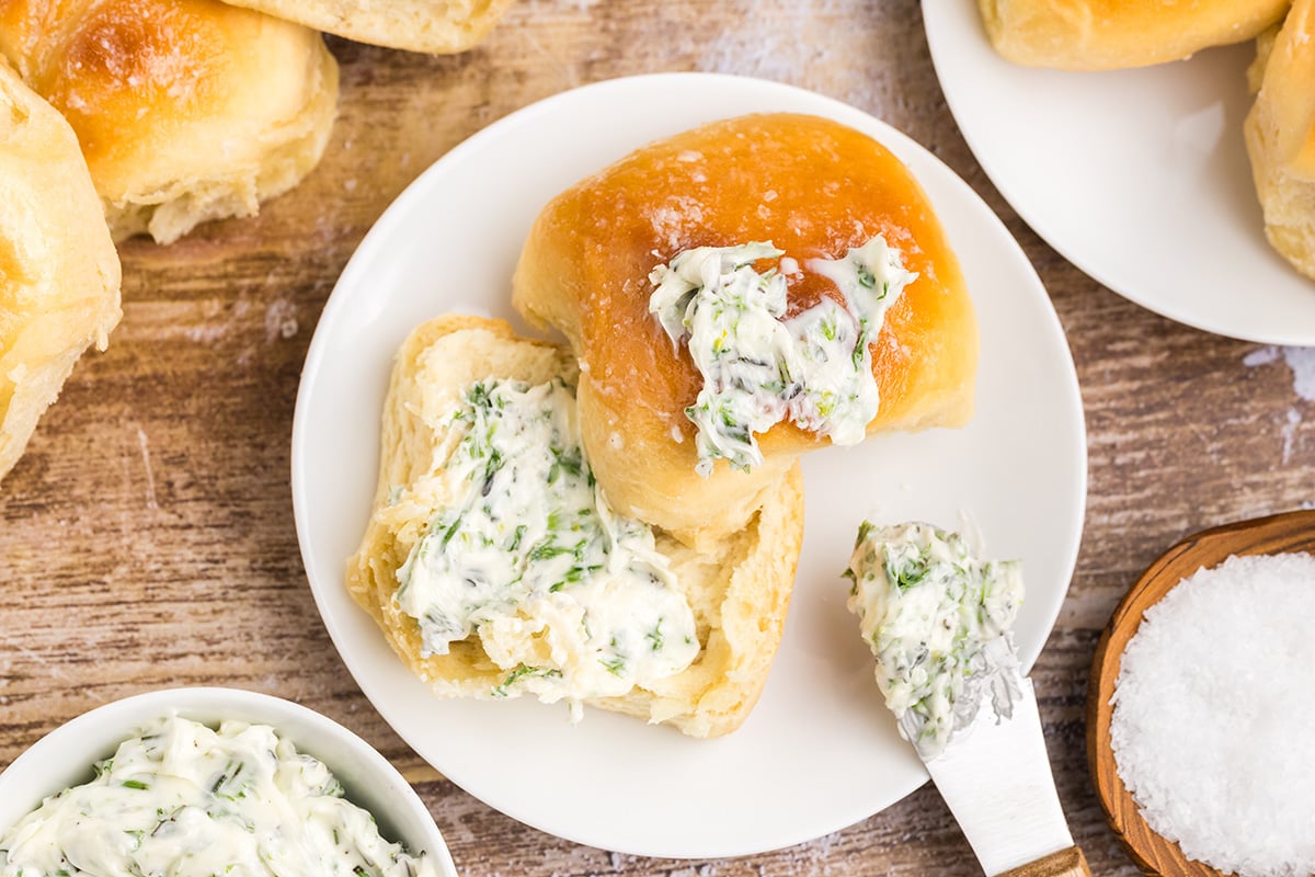overhead shot of garlic butter on 3 30 minute dinner roll