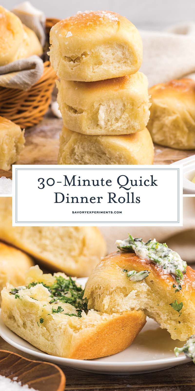 collage of quick dinner rolls with butter and salt
