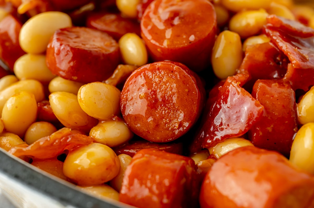 close up angled shot of beanie weenies