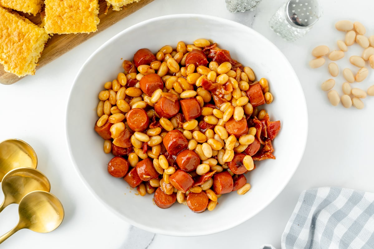 overhead shot of beanie weenies in bowl