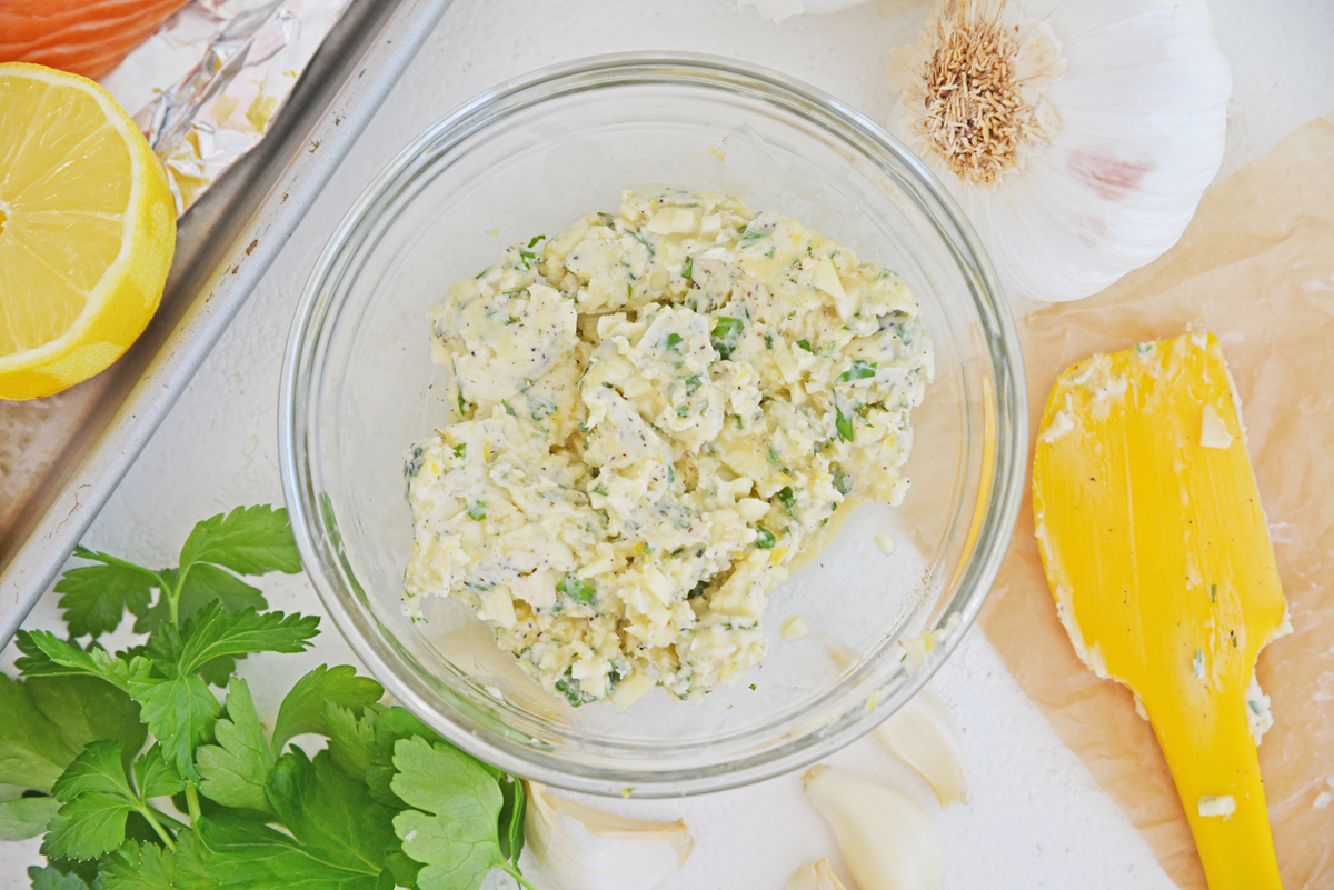 overhead shot of bowl of garlic butter