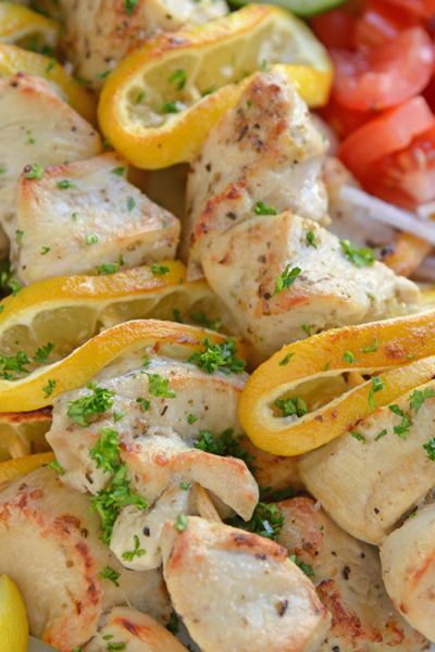 Close up of greek chicken skewers