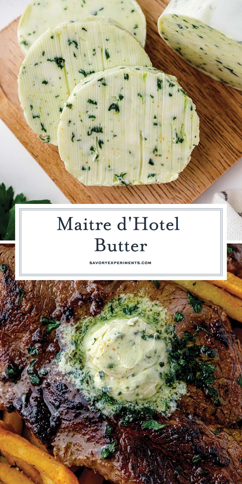 collage of herb butter on a cutting board and on a steak