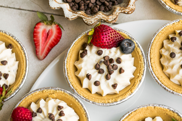 overhead shot of mini no bake cheesecake on plate