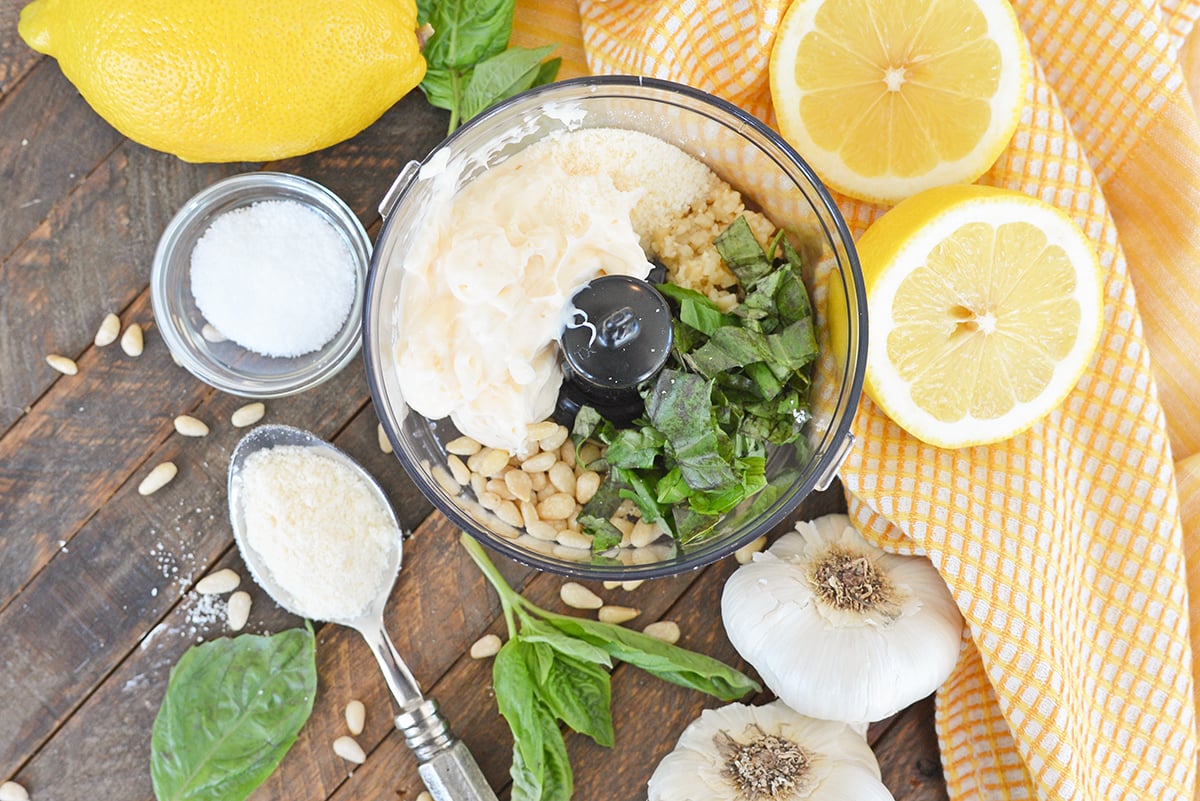 basil pesto aioli ingredients in food processor