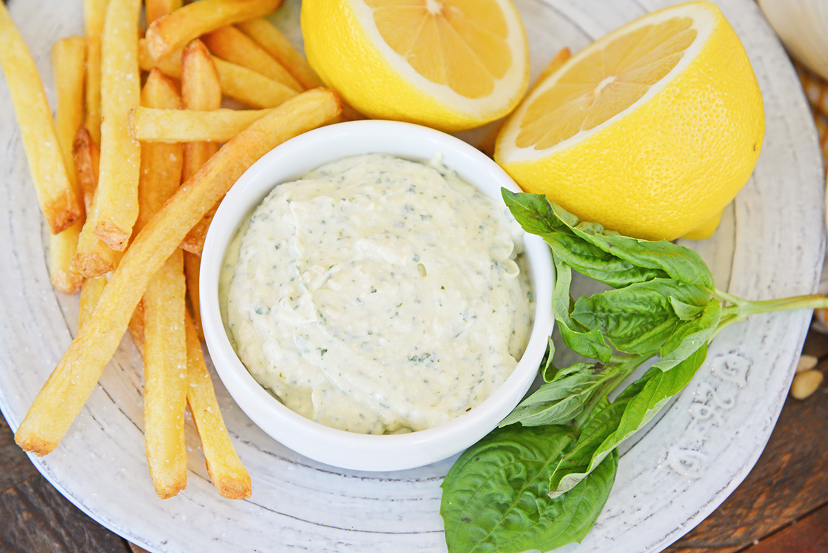 overhead shot of bowl of pesto sauce