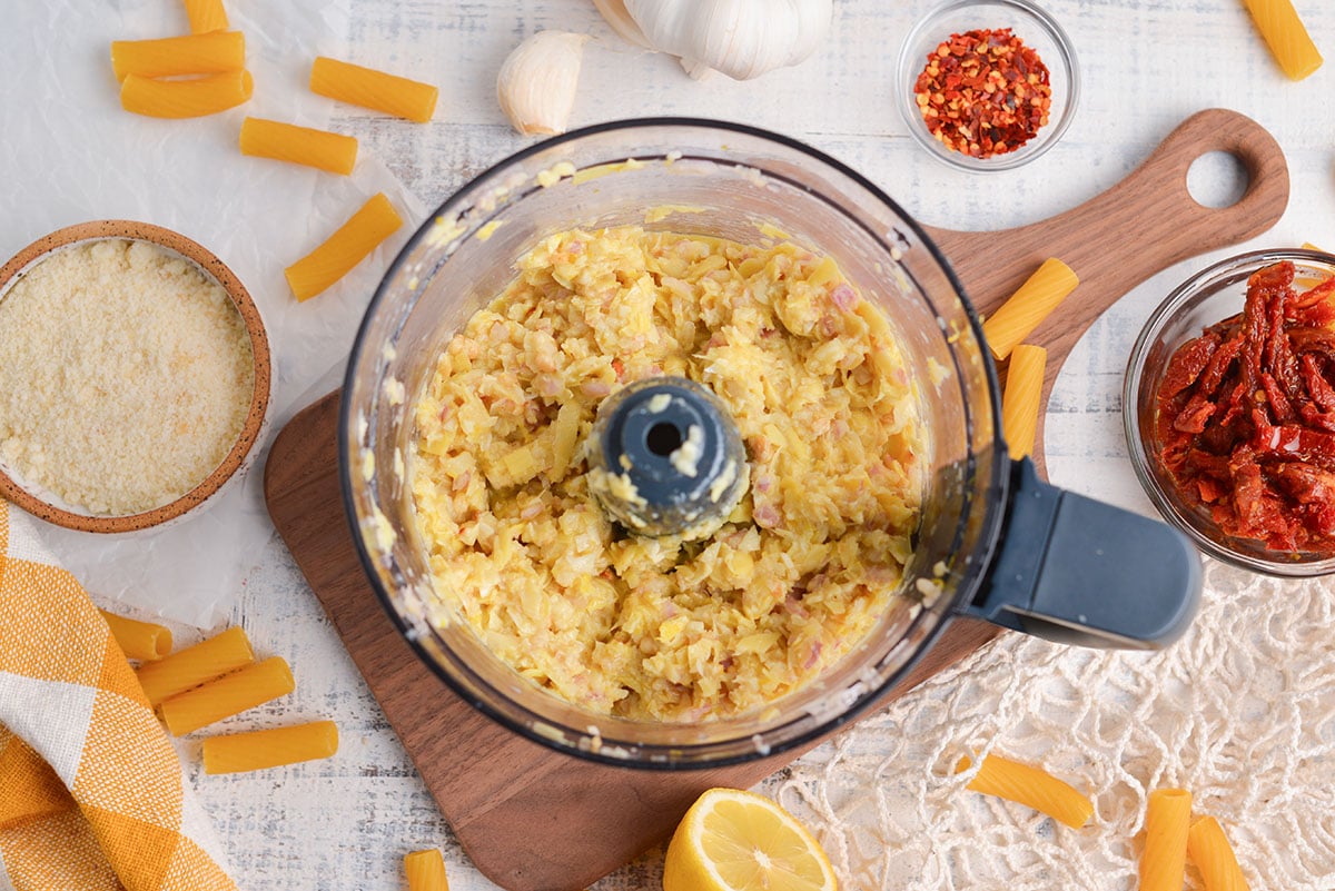 lemon pesto ingredients in food processor