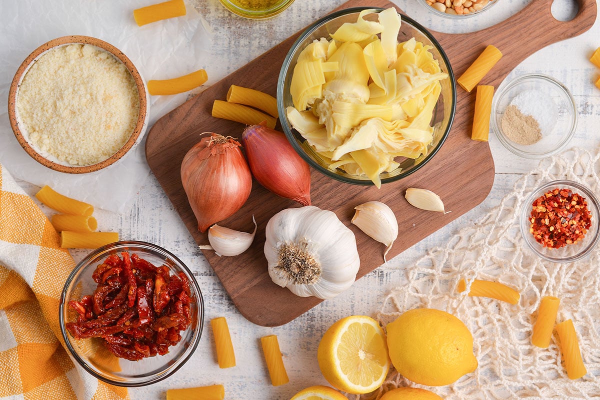 overhead shot of lemon pesto ingredients