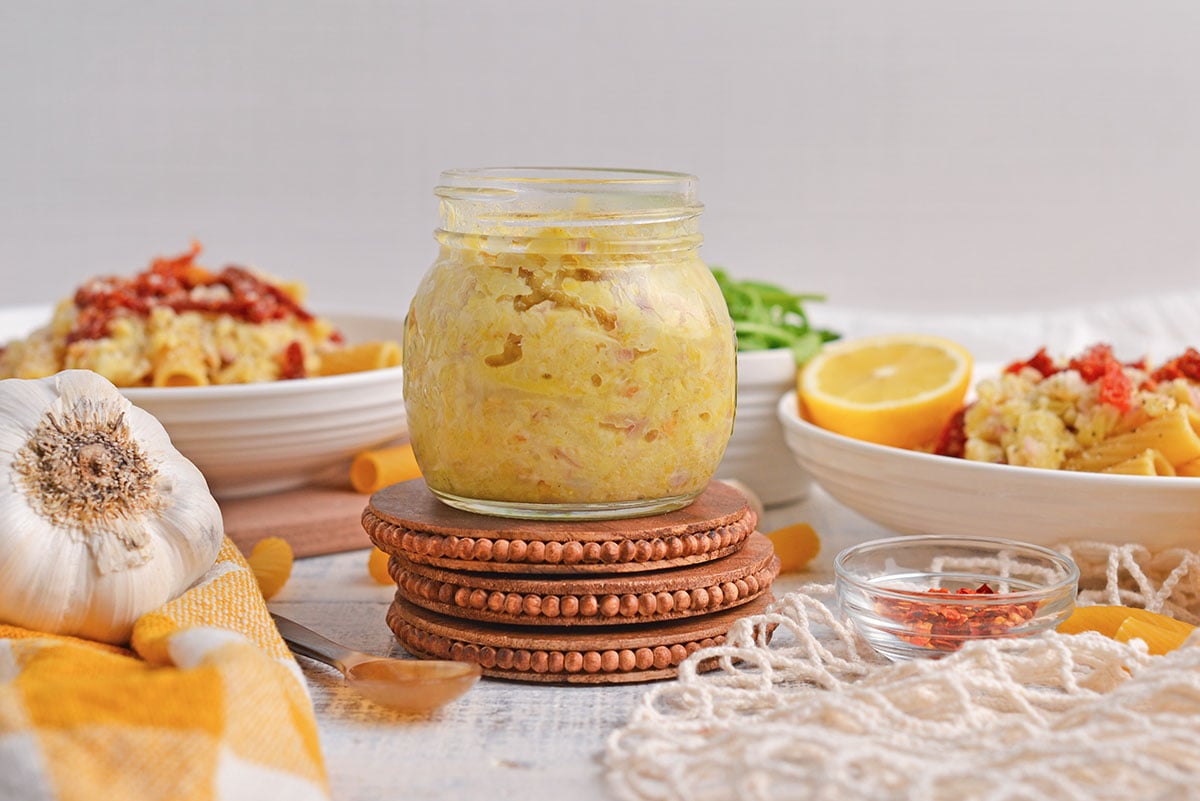 straight on shot of jar of lemon pesto