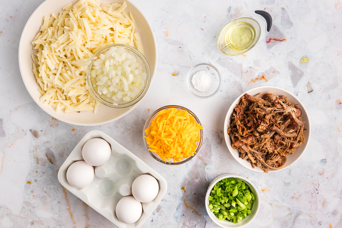 overhead shot of bbq pulled pork hash ingredients