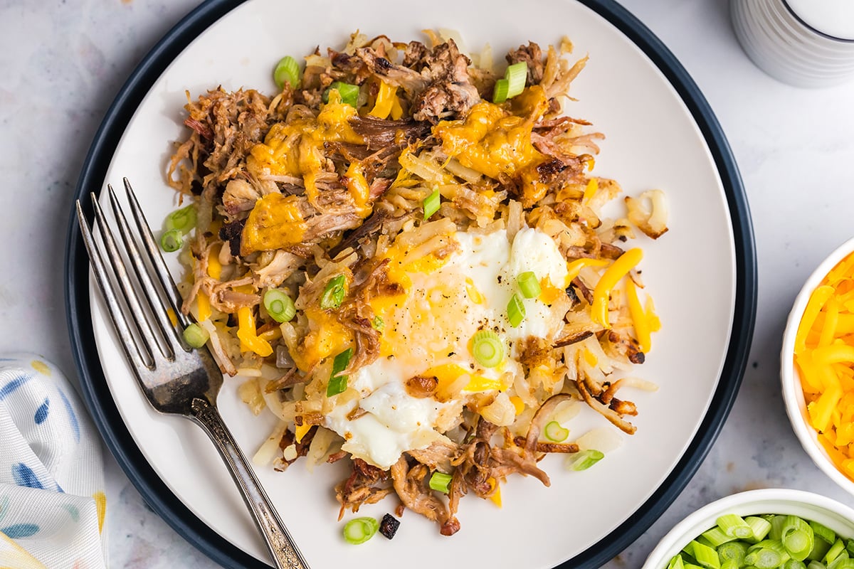 overhead shot of plate of bbq pulled pork hash