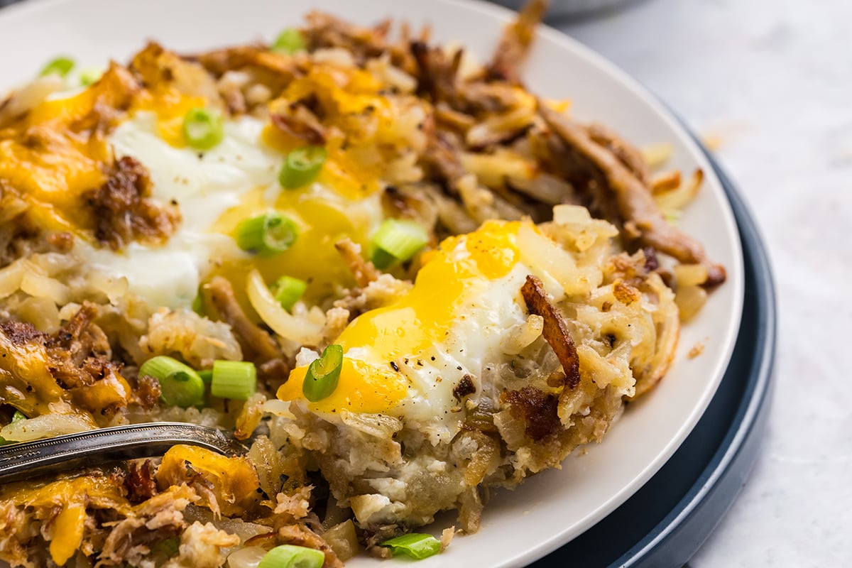 close up angled shot of bite of pulled pork hash on fork