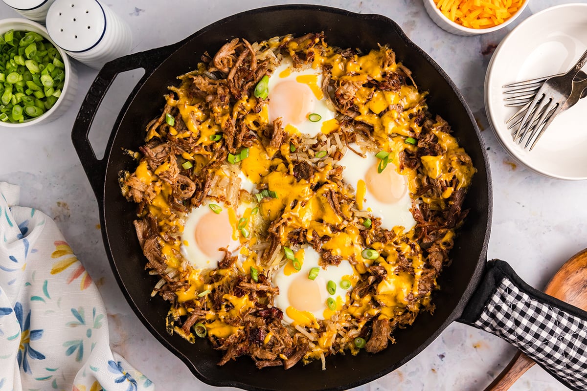 overhead shot of bbq pulled pork hash in skillet