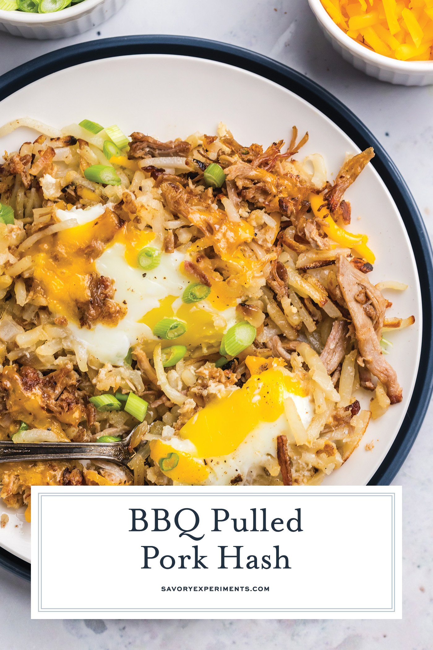 overhead shot of plate of bbq pulled pork hash with text overlay