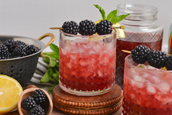 straight on shot of blackberry bourbon smash