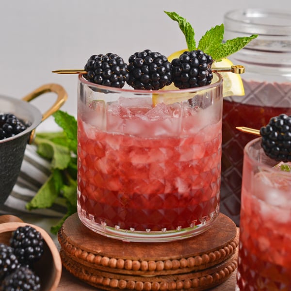 straight on shot of blackberry bourbon smash