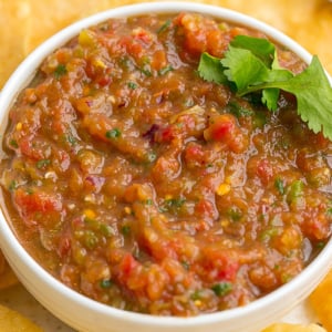 close up angled shot of bowl of blender salsa