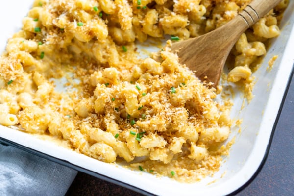 spoon with butternut squash mac and cheese