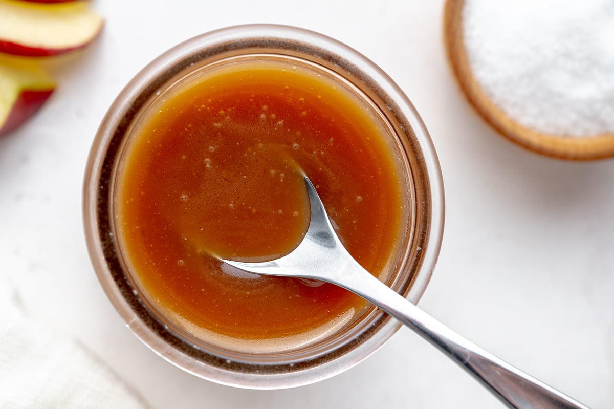overhead shot of jar of caramel