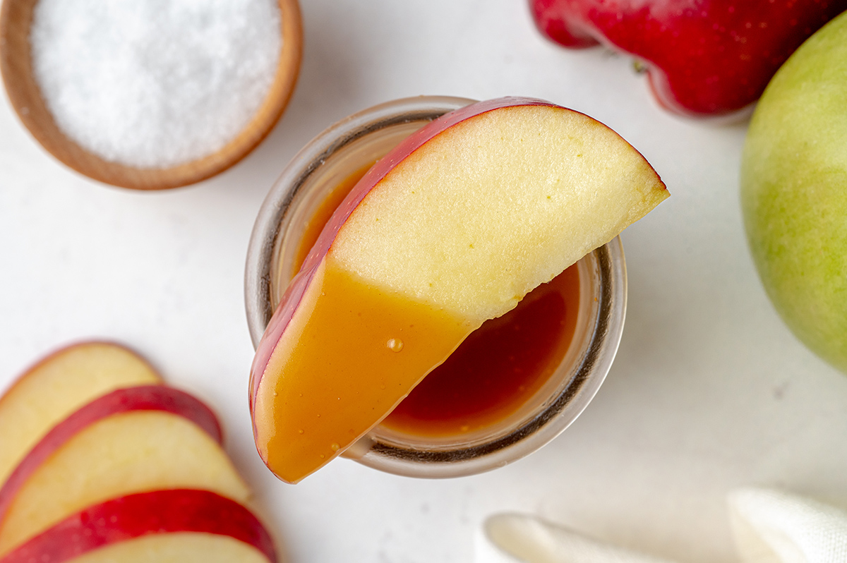 overhead shot of apple slice with caramel