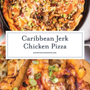 collage of jerk chicken pizza