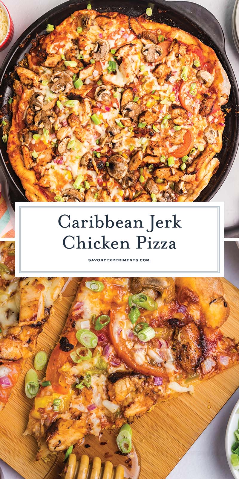 collage of jerk chicken pizza