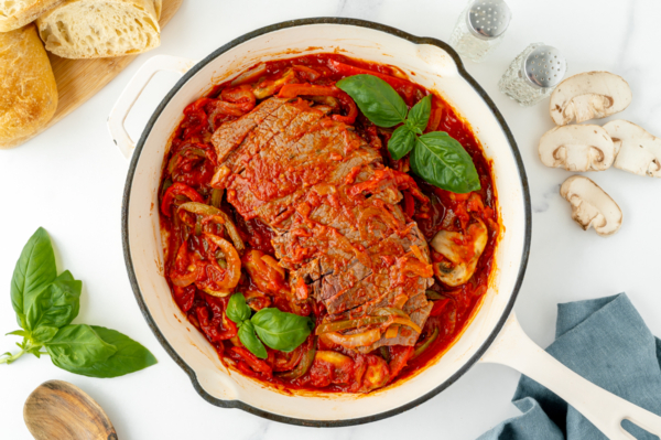overhead shot of pan of carne alla pizzaiola