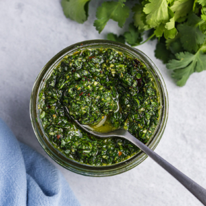 overhead of small spoon in homemade chimichurri sauce