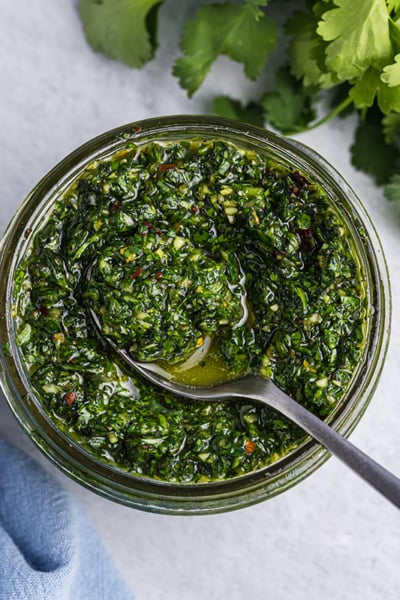 overhead of small spoon in homemade chimichurri sauce