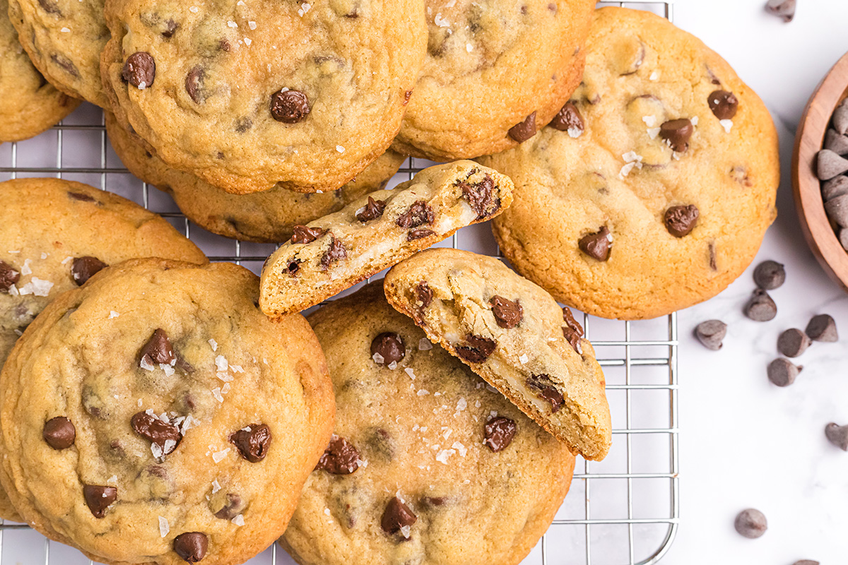 cream cheese chocolate chip cookies on a cooling rack 
